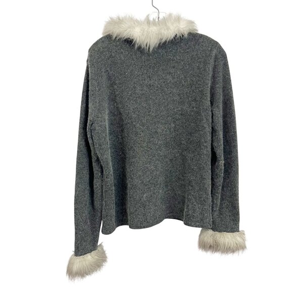 Dressbarn Gray Lambswool Button Front Cardigan Faux Fur Trim Penny Lane LARGE - Picture 2 of 6